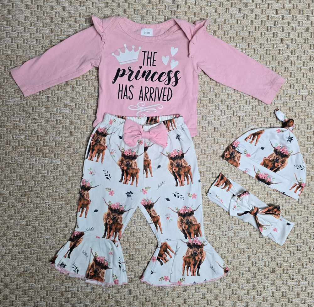Baby Girl 0-3M Cute Cow Princess Outfit Bell Bottoms Headband Beanie Fall Winter